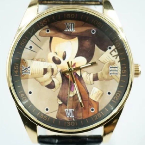 Mickey Newspaper Image Watch Brown Band - Picture 1 of 5